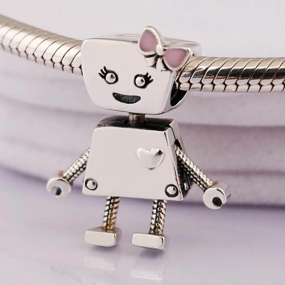 Подлинные бусины S925 DIY Ювелирные изделия робот розовый лук Шарм Подходит Для