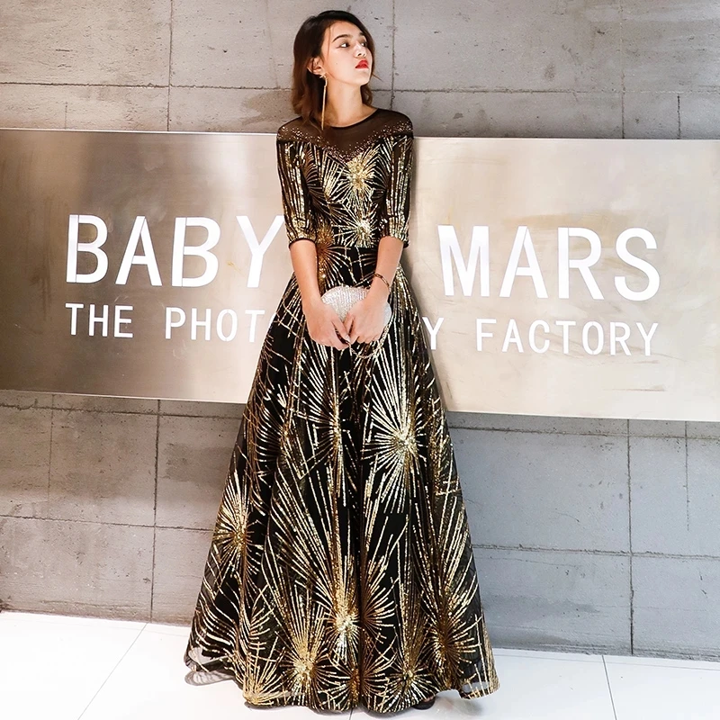 2022 Robe De Soiree Evening Dress Gold Sequined Crystal O-Neck Black Floor-Length Dinner Long Party Prom Gown FD282 hot pink prom dress Prom Dresses