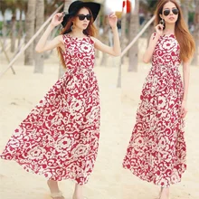 

Bohemian Floral Chiffon Women's Sleeveless Round Neck Shrink Waist Dress Beach Vacation Long Skirt