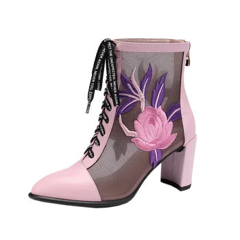 

Summer shoes women summer mesh boots cross-tied with zip closure embroidery ankle boots crystal heels size 41 42 43