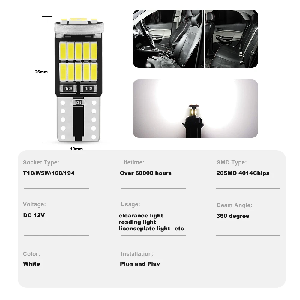 10 Uds T10 W5w 194 501 Led Canbus Blanco 26smd 4014 Chip W5w