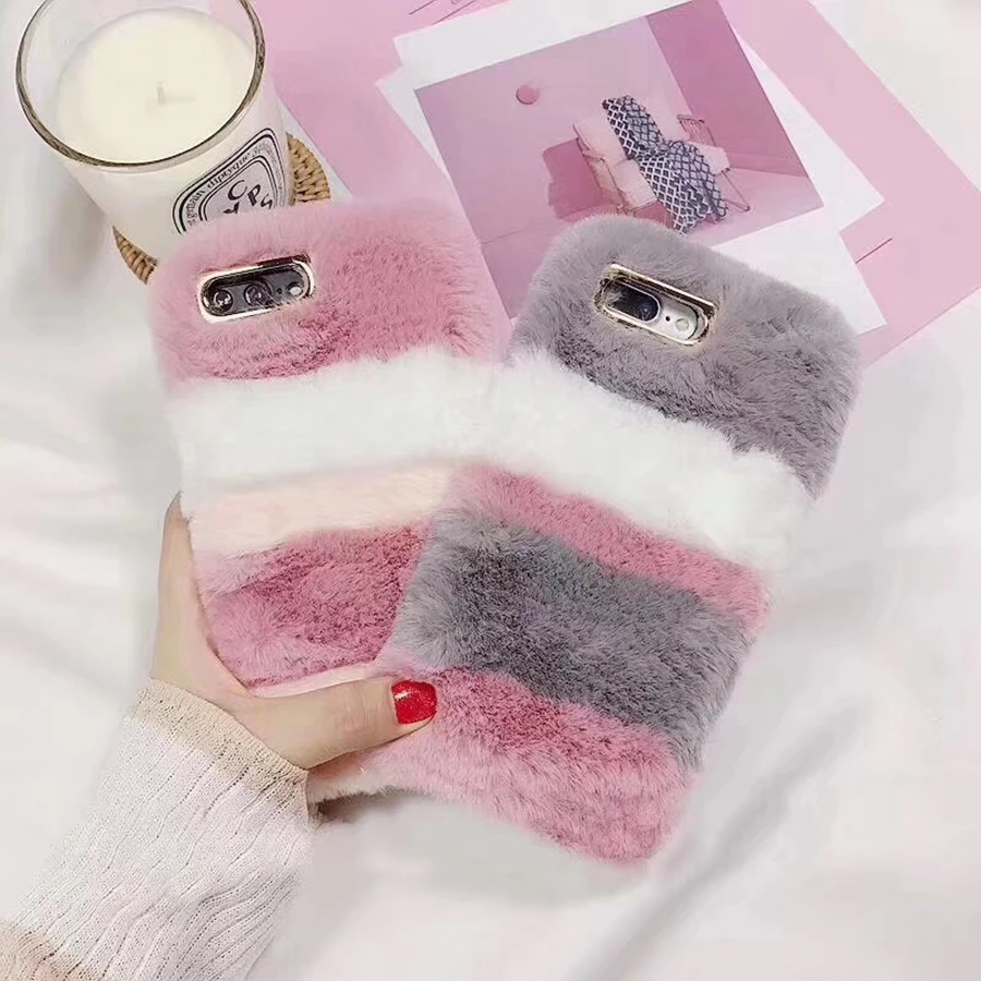 

Soft Warm Fluffy Furry Gradient Fur Back Case Cover For iPhone XS 8 7 6s Shockproof TPU Rubber Phone
