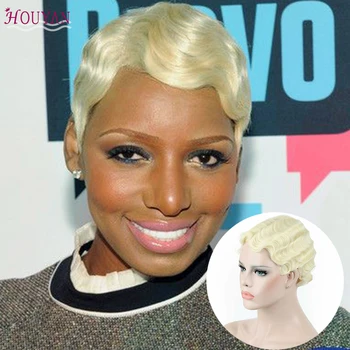 

HOUYAN Cosplay Short Natural Neat Bangs Bob Synthetic Black Women Retro Wig Hair Finger Wave Wig