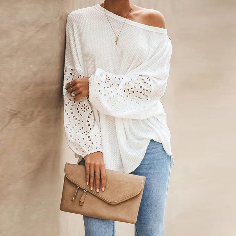 Sexy One Off Shoulder Knitted Pullover Sweaters Casual Long Flare Sleeve Embroidery Hollow Out Knitwear Tops