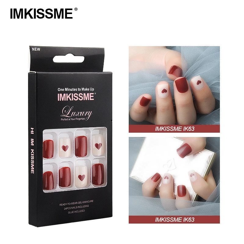 

IMKISSME Red Heart Fake Nails Art Tip Press on Nails with Glue Designs Full Artificial Cover IK63