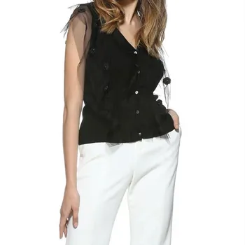 

2020 Spring Women's Knit Cardigan Mesh Patchwork V-neck Sleeveless Slim Knit Sweater with Buttons