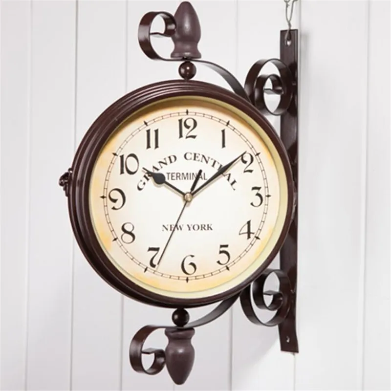 

Classical European Wall Clock Creative Fashion Double-sided Hanging Clock Iron Rack Coffee Shop Decoration