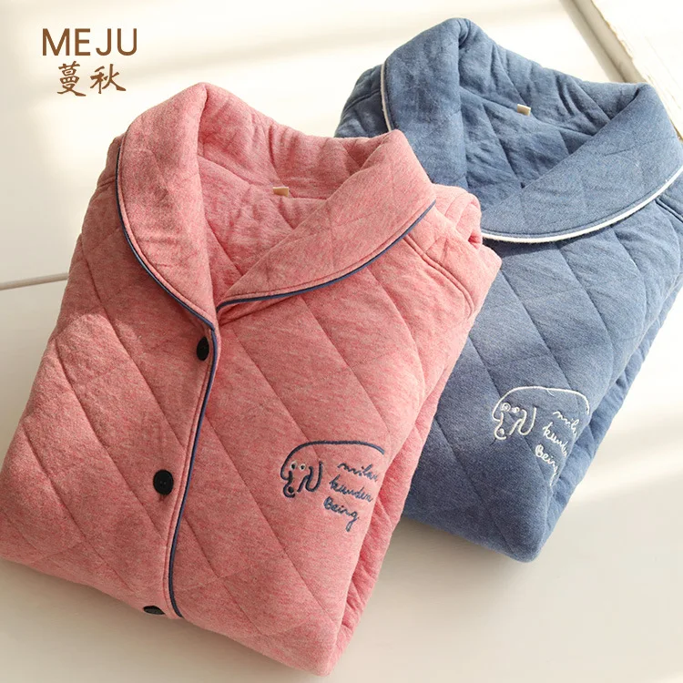 

Meju Pajamas Women's Autumn And Winter Thick Three Layer Padded Warm Japanese-style Simple Men Homewear Set