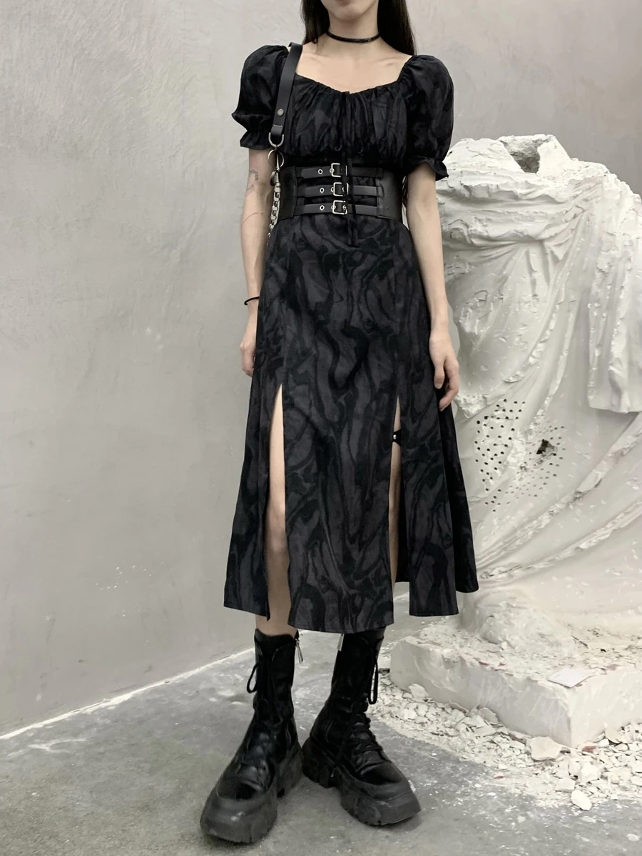 

Dark Black High Slit Long Dress Woman Empire 2021 New Short Bubble Sleeve Belt Dress Designer Punk Gothic Dress Street Style