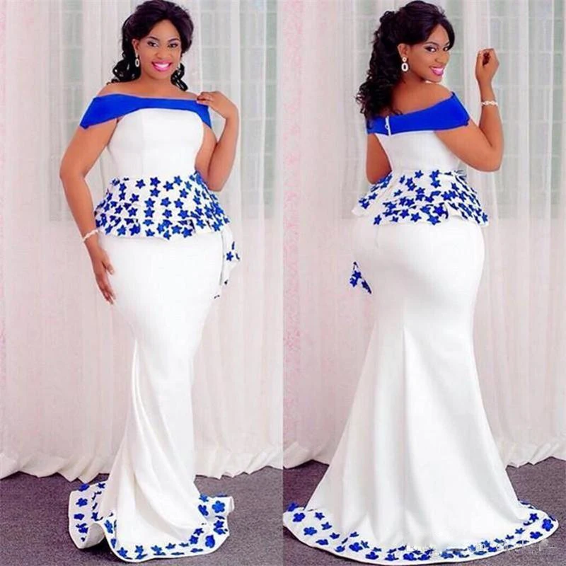 

Aso Ebi Women Party Gowns Applique Blue Long Prom Gown robe de soiree Abendkleider Off Shoulder Mermaid Formal Dresses Long