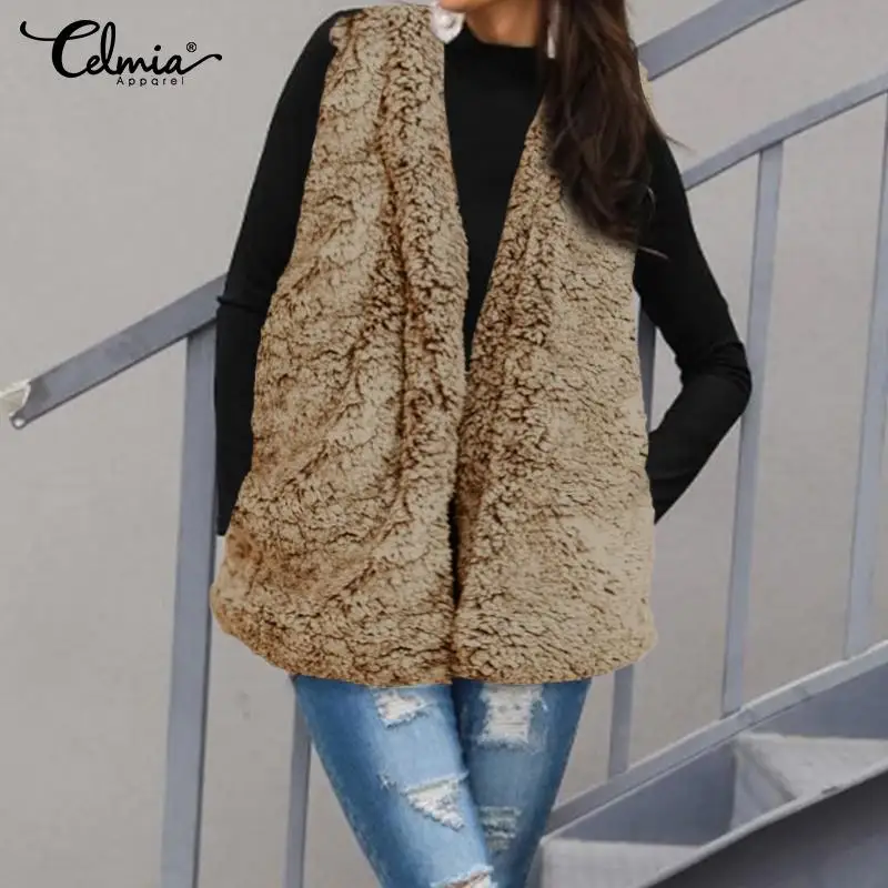 

2019 Celmia Winter Vest Women Hoodies Tops Casual Sleeveless Jackets Female Faux Fur Waistcoat Pockets Cardigan Gilet Plus Size