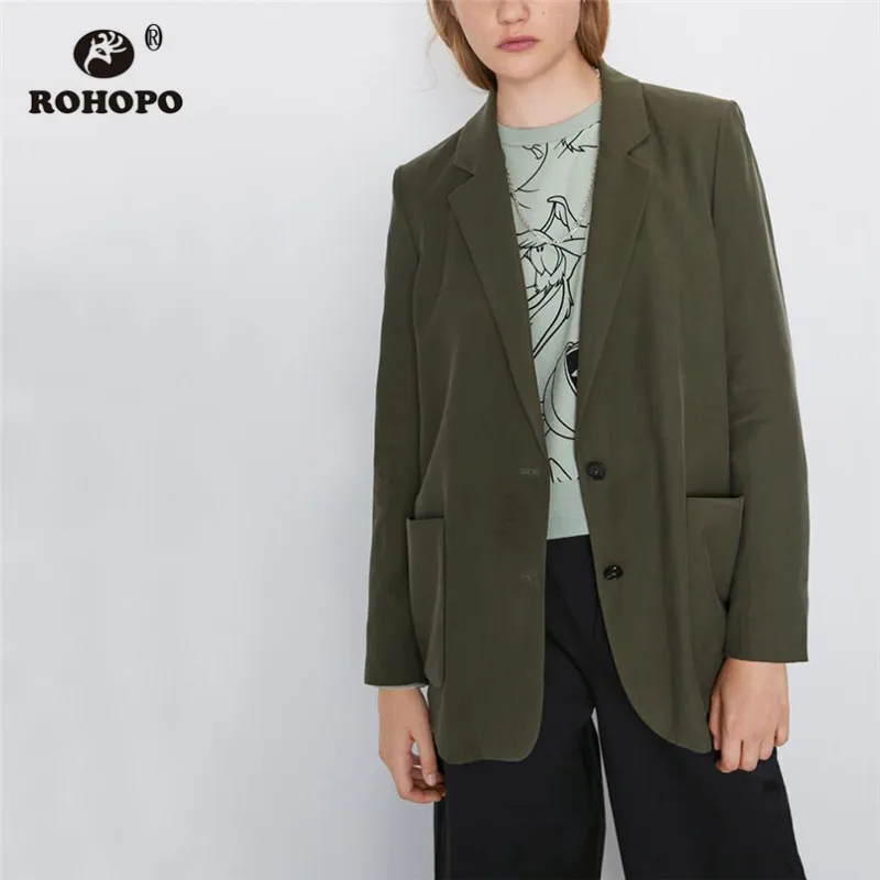 

ROHOPO Notched Collar Double Buttons Fly Army Green Blazer Side Welted Pockets Buttons Cuff Solid Straight Ladies Outwear #2314