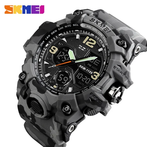 SKMEI лучший бренд класса люкс мужские спортивные часы военный светодиодный цифровой человек часы Открытый водонепроницаемый двойной дисплей Relogio Masculino 1155B - Color: Gray Camouflage