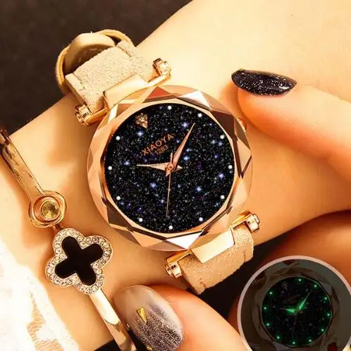 Женские часы Новые повседневные Модные кварцевые часы Звездное небо разноцветные кожаные Наручные часы простые дизайнерские женские часы Orologio