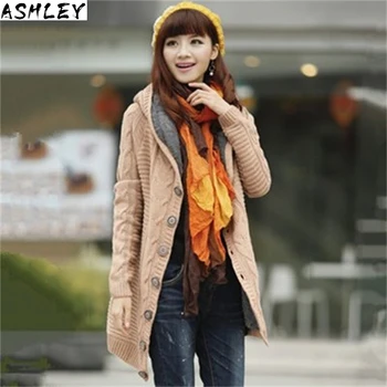 

Winter Hooded Lady Fleece Liner Cashmere Cardigan Knitted Sweater Coat Women Thick Warm Long Sleeve Knit Weave Long Tops