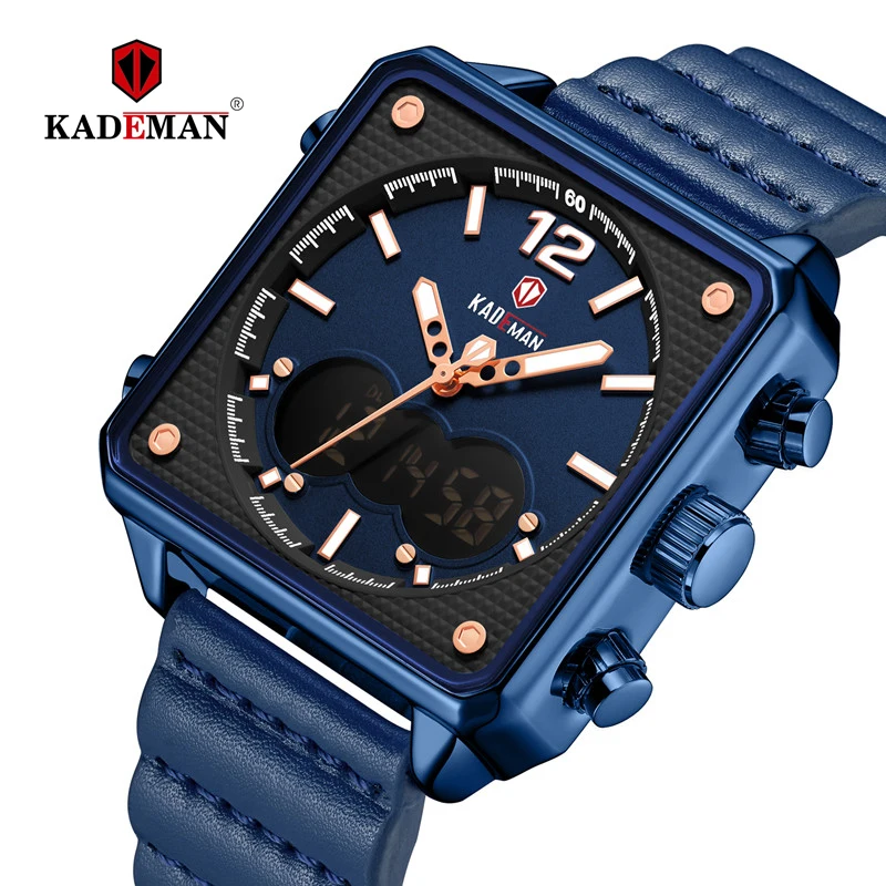 KADEMAN роскошные квадратные часы Мужские Оригинальные спортивные часы Топ бренд двойной дисплей 3ATM Tech наручные часы новые кожаные повседневные мужские часы - Цвет: BE-RG-BE