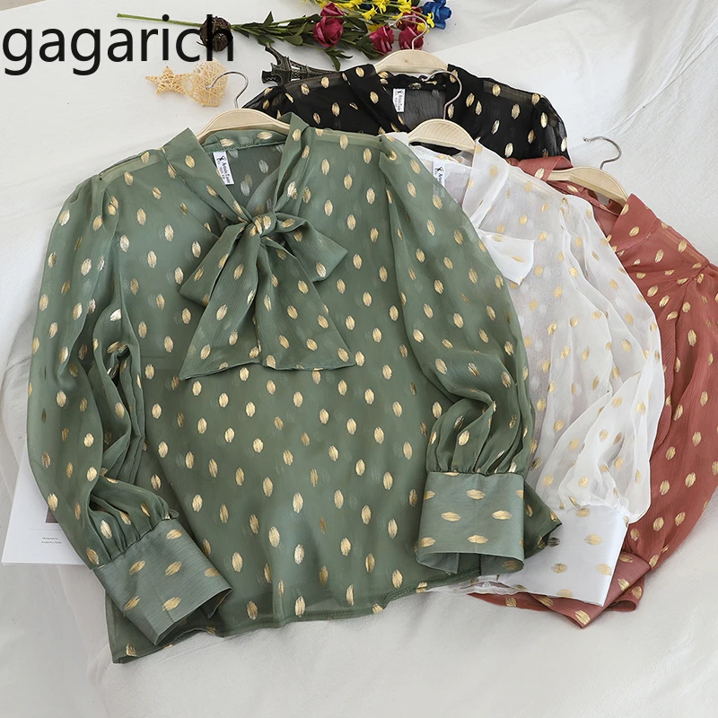 

Gagarich Casual Women Chiffon Blouses Spring 2020 Bow Lace Up Long Sleeve Slim Tops Ladies Sweet Polka Dot Printed Shirts Chic