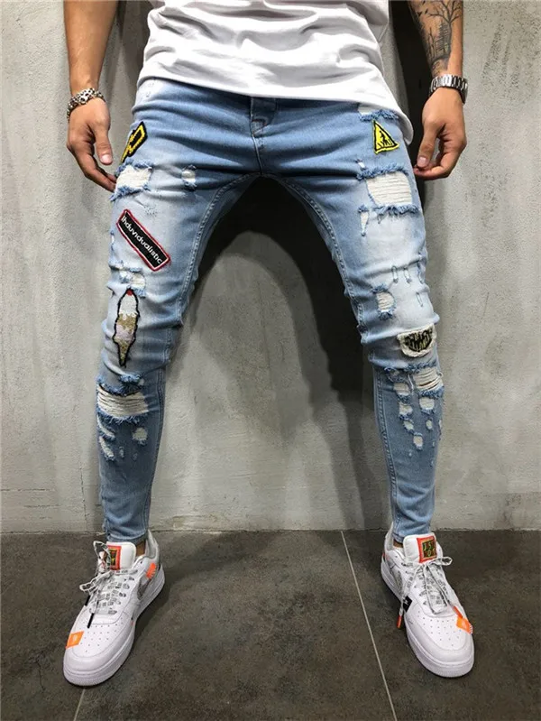 Light blue Джинсы Мужская модная уличная одежда Для мужчин в стиле «хип-хоп», джинсы Винтаж синий, серый Цвет облегающие, рваные Рваные джинсы сломанной панковские штаны Homme - Цвет: Light blue