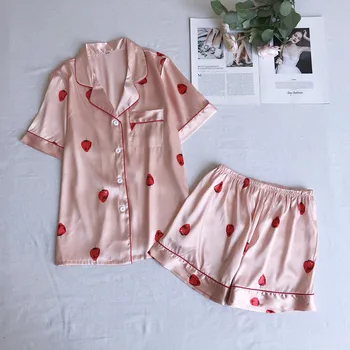 

Soft Satin Lady Pijamas Set Sleepwear Lapel Pink Sexy 2PCS Shirt&Shorts Loose Nightwear Casual Sleep Suit Lougne Home Wear