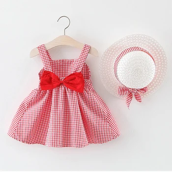 

Baby Girl Dress New Summer Plaid Sling Princess Dress （Hat As A Gift） 2PC Set Baby Kids Clothing Toddler Girls Clothes