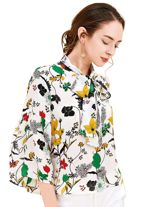 Floral Print Натуральная шелковая блузка женская осень длинный рукав бант цветочный Элегантный принт настоящий шелк креп-шифон рубашка Офисная Леди рубашка-женская Блузка женская ассиметричные блузки harajuku - Цвет: Floral Print