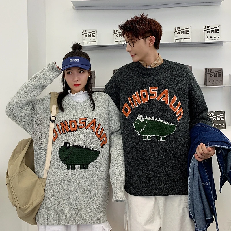 Dinosaur Men's Sweater Winter Pullover Couple  Student Sweater Men's Thicken Personality Round Collar Couple Embroidered Sweater