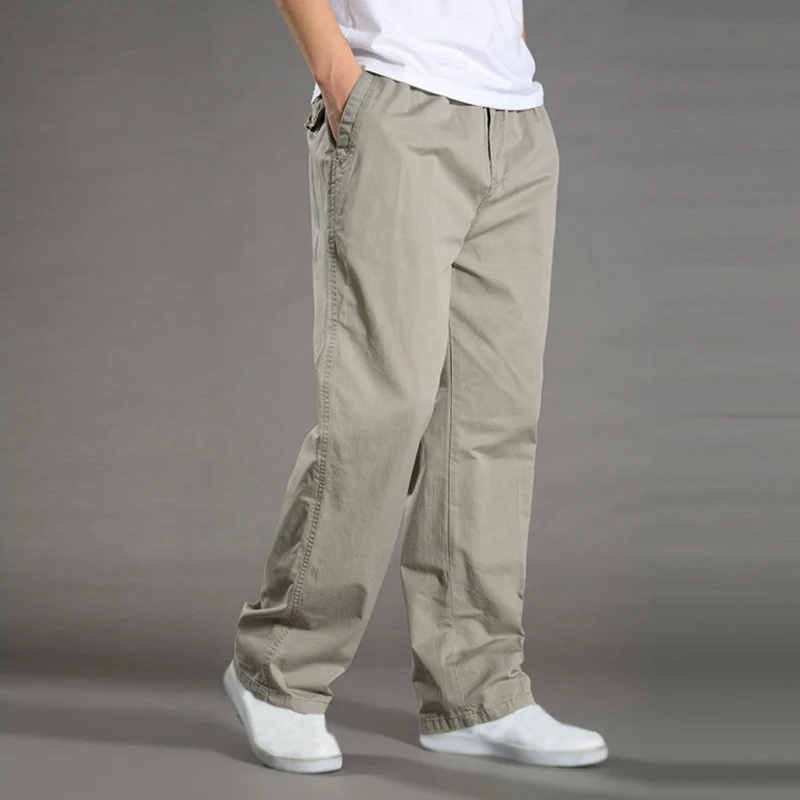 

2022 New Men Multi-pocket Casual Pants Summer Solid Color Polyester Mid Waist Loose Pants Plus Size Drawstring Straight Trousers