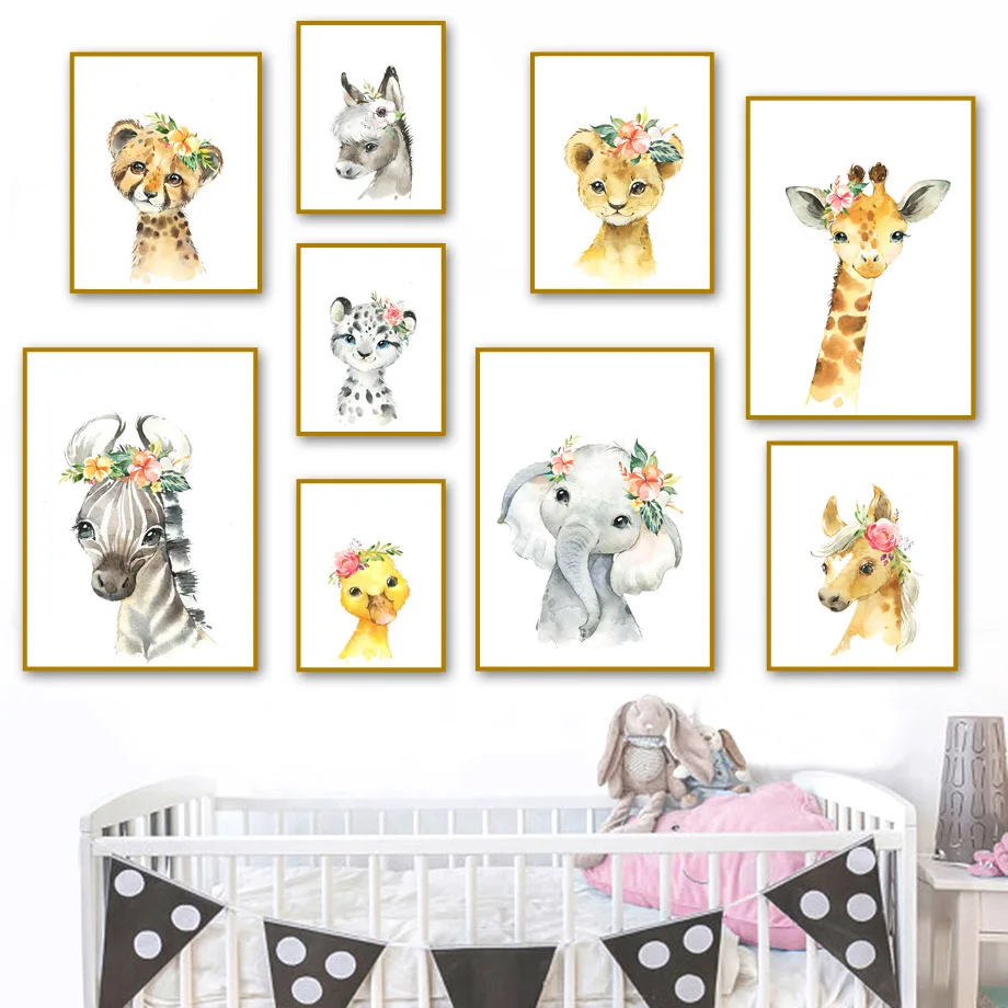 Cute Deer Zebra Lion Rabbit Pig Flower Nordic Posters And Prints Wall Art Canvas Painting Nursery Pictures Kids Room Decor | Дом и сад