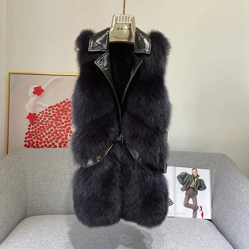 Real Fox Fur Vest Leather Patchwork Winter Clothes Women High Quality Elegant Rare Lake Blue Sleeveless Fluffy Gilet Plus Size