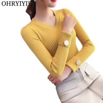 

OHRYIYIE Women V-neck Winter Sweater 2019 Autumn Fashion Slim Button Pullovers Female Long Sleeve Jumper Tricot Tops Pull Femme