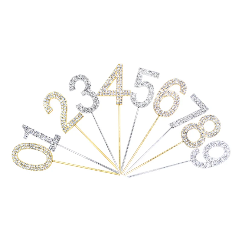 1Pc Gold Silver Diamond-studded Number 0-9 Rhinestone Collection Cake Topper for Birthday Party Dessert Cake Decoration Gifts