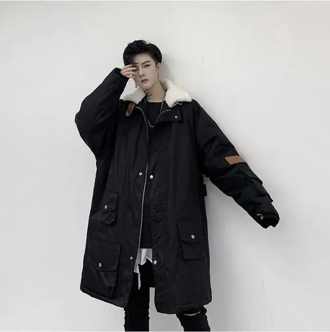 M-XL! Зимняя одежда индивидуального дизайна с несколькими карманами, мужская длинная куртка с воротником из овечьего меха, мужское Свободное пальто