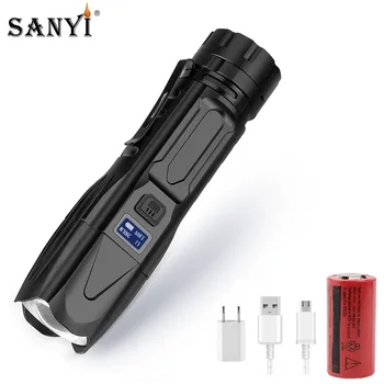 

P90 LED Flashlight Waterproof Torch 4 Lighting Mode Zoomable Focus Tactical Camping Lantern With 26650 Power Display Tail Hammer