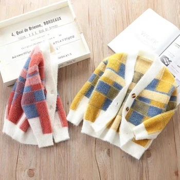 

INS baby girls cardigan 3-11 years old Autumn and winter children's sweater Mohair Korean lattice kids sweaters baby cardigan