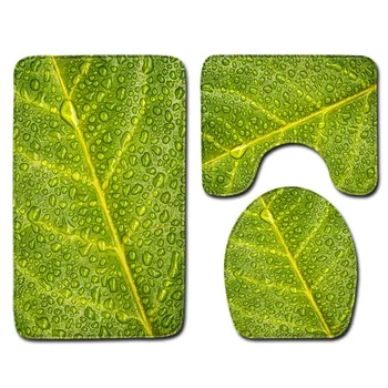 

Toilet Three-Piece Bathroom Decorative Mat Door Mat Combination Water Drop Green Leaves Natural Scenery