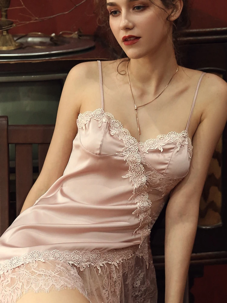 Розовая черная Пижама кружевное пикантное женское нижнее белье Ночная рубашка платье для сна с вырезами красота сзади Привлекательное Женское ночное белье