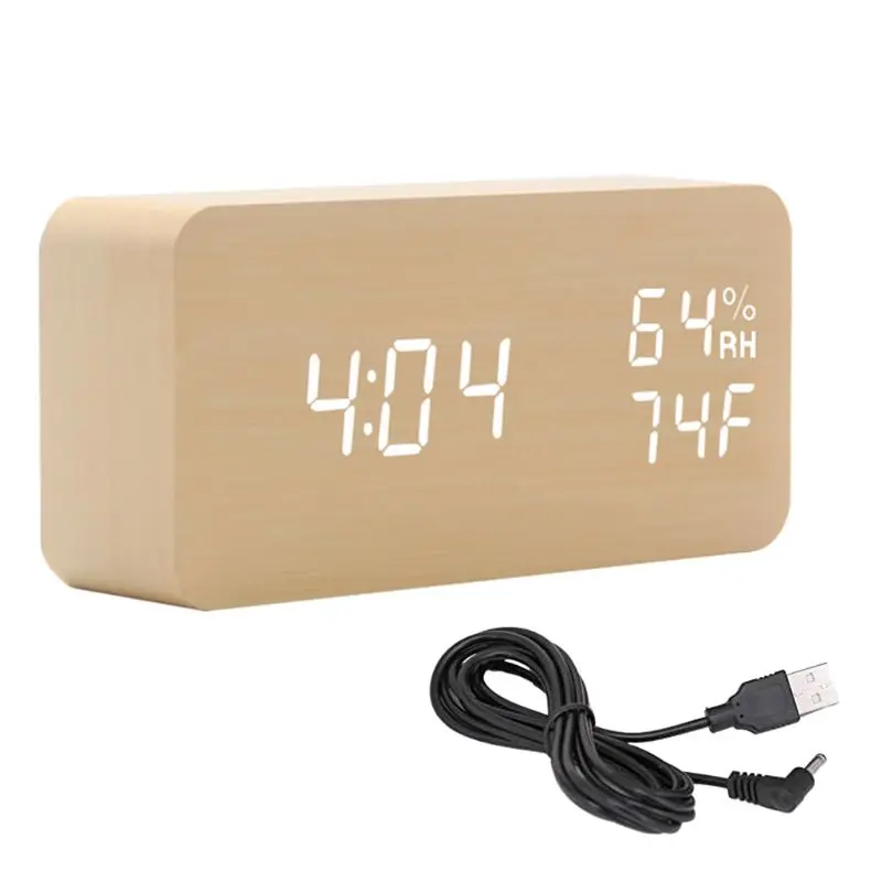 Beige Голосовое управление деревянный USB цифровой будильник с днем/датой/температурой влажности - Цвет: Beige