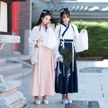 

Hanfu Women's Wei and Jin Chinese Style Suit Daily Two-Piece Chinese Traditional Clothings for Women V Neck Top and Skirt