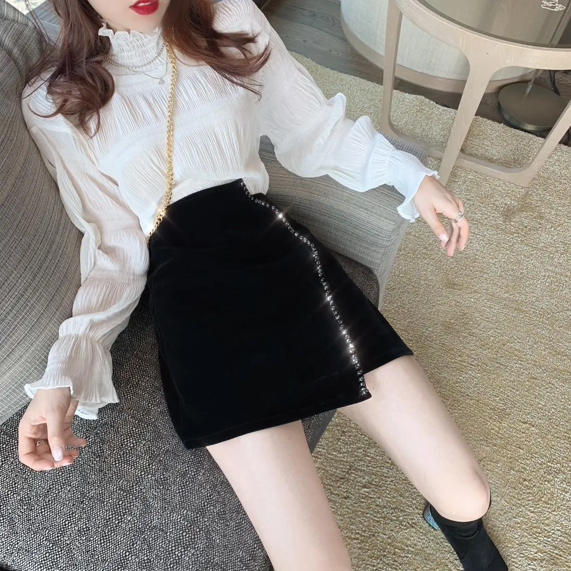 Ins CHIC Europe French Irregular Velvet Hand Bead Rhinestone Woman Velour Mini Skirt High Waist Bodycon Lady Bottom Black Winter