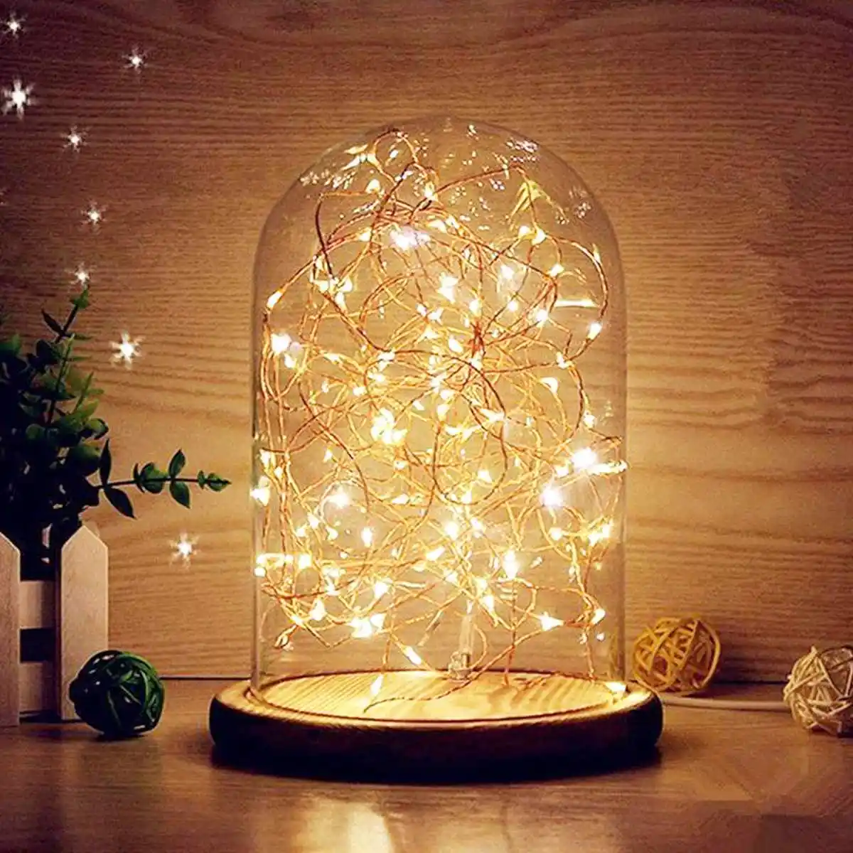  Glass Dome Bell Jar Cloche Display Wooden Base 20 LED Fairy String Light Home Decor Bedroom Desk Ni - 4000316243814