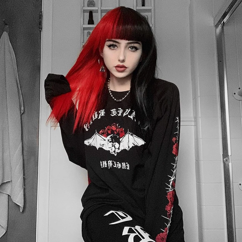 InstaHot Black Rose Letter Printed Oversize Sweatshirts Loose Women Round Neck Autumn Spring Gothic Punk Streetwear Pullovers