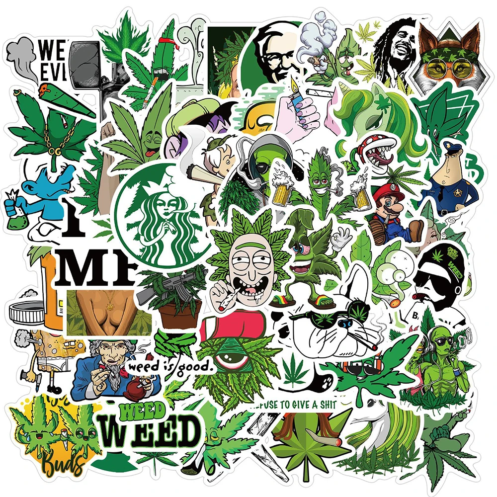 50 Uds. De pegatinas de personajes divertidos para fumar marihuana, pegatinas de grafiti, equipaje, portátil, pegatinas impermeables para monopatín, guitarra, niños