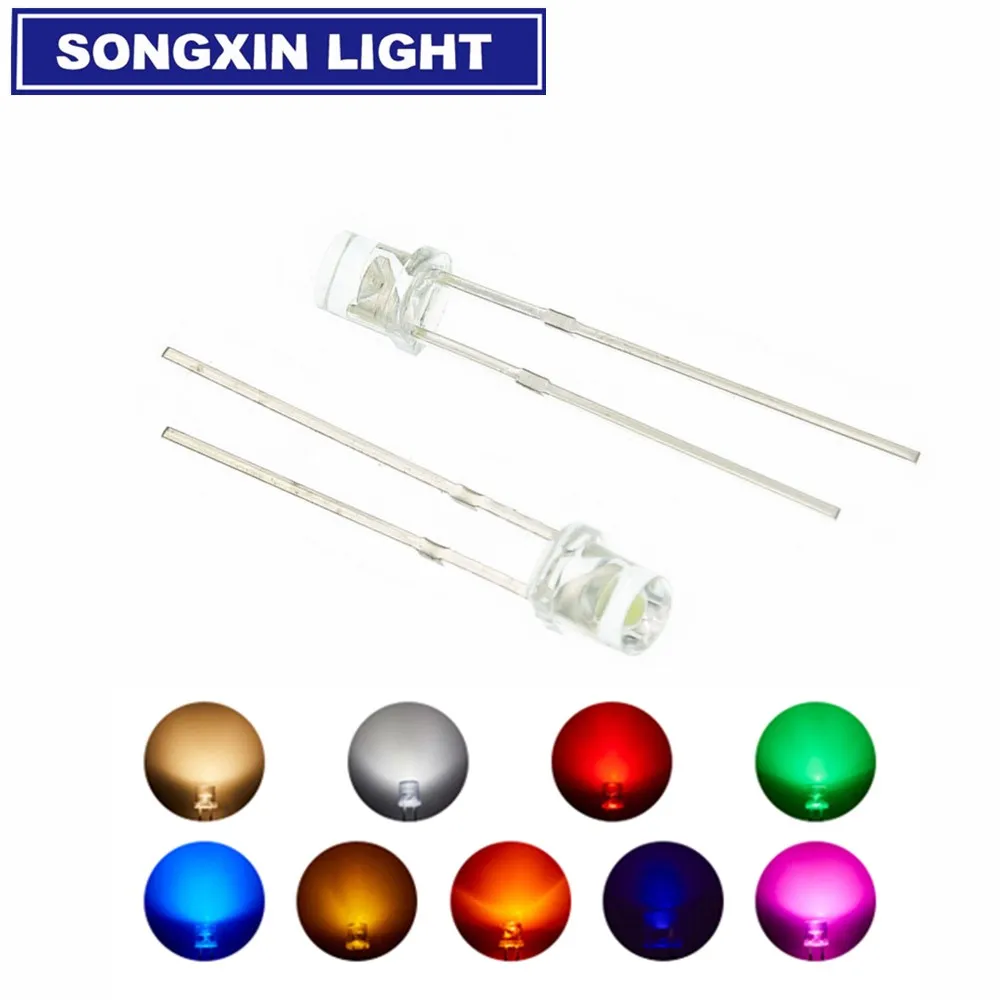 100pcs F3 3mm Flat Top LED White Red Yellow Blue Green Pink Diode Led Wide Angle Light Emitting Diodes Lamp Ultra Bright Bulb |