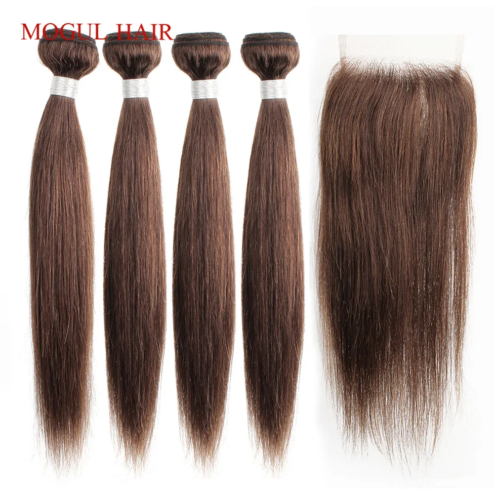 

MOGUL HAIR Color 4 Chocolate Brown 3/4 Bundles with Closure Peruvian Straight Hair Bundles Non Remy Human Hair Extension