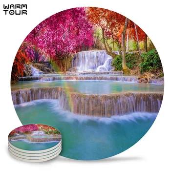 

4/6/8 PCS Rain Forest Waterfall Placemat Ceramic Drink Coasters Table Decoration Absorbent Moisture