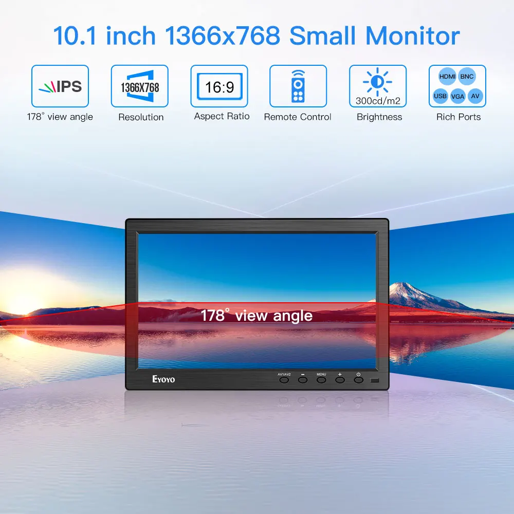 

Eyoyo EM10A 10.1" IPS 1366x768 HDMI BNC CCTV Monitor Small Computer TV LCD Screen with VGA AV USB For Security Camera display