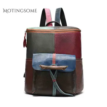 

Women Full Genuine Leather Backpack Top Quality Cowhide Retro Style Patchwork Luxury Backpack Fashion Mochila for Teenager 2019