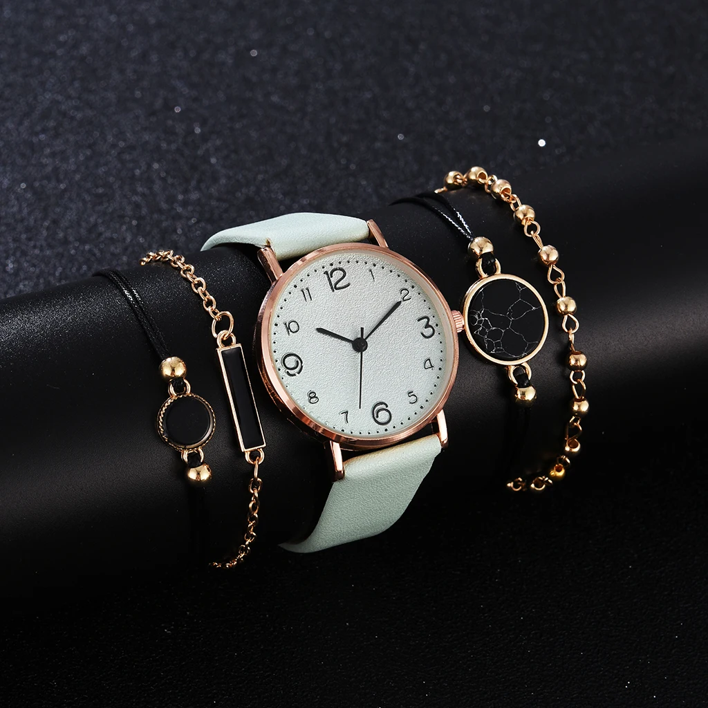 5pcs Set Watch For Women Luxury Leather Analog Ladies Quartz Wrist Watch Top Style Fashion Bracelet Watch Set Relogio Feminino