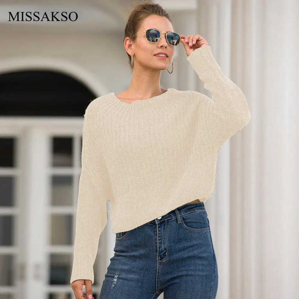 Missakso, укороченный свитер, топы, пуловеры, однотонный, хаки, зеленый, круглый вырез, Повседневный, Осень-зима, трикотаж, джемпер, женский, короткий, вязаный свитер
