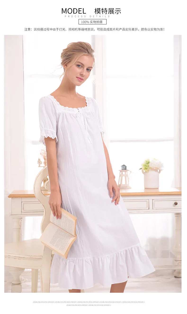 Summer Female Sweety Lace Lovely Sleepshirt Ladies Cotton Long Nightgown Women Short sleeve Square collar sleepshirt